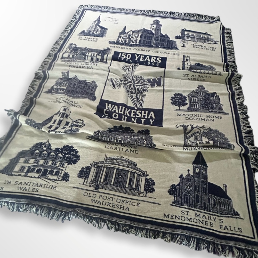 VINTAGE Wisconsin, Waukesha County 150 Year Throw Blanket, 1996
